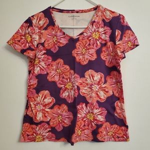 Croft & Barrow The Classic Shirt Top Women's Size Large Pink Purple Floral VNeck